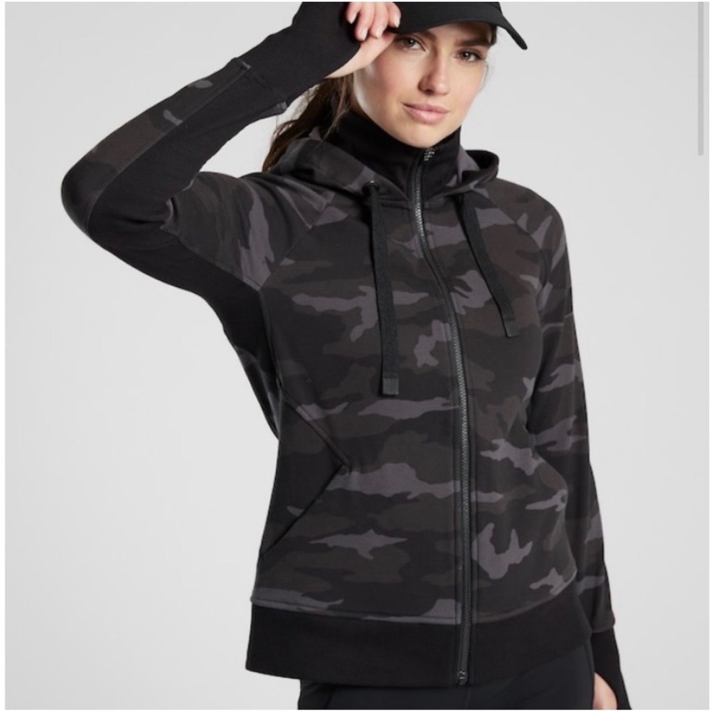 Athleta Triumph Printed Hoodie Womens 1X Gray Camo Full Zip Thumbholes NWT‎